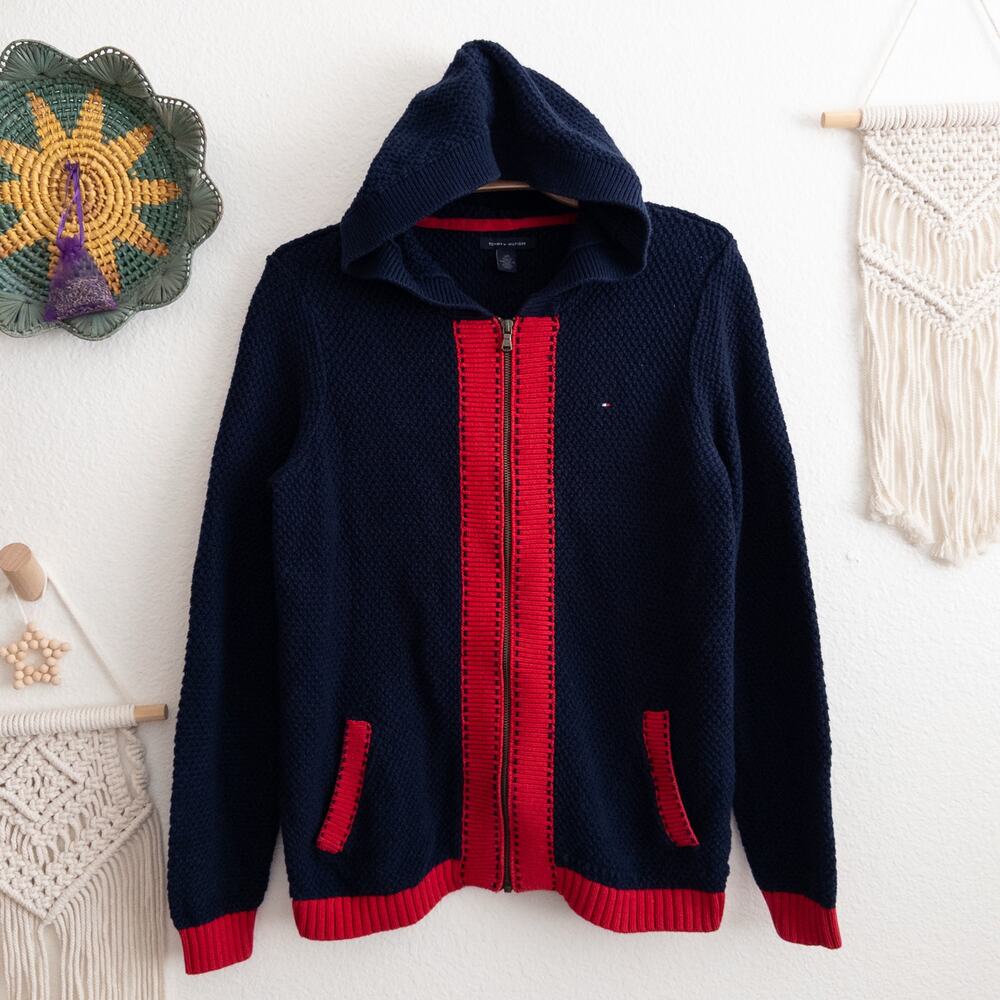 Tommy Hilfiger Navy and Red Zip Up Hooded Chunky Knit Sweater Size Large